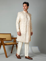 Cream satin silk indowestern set with brooch