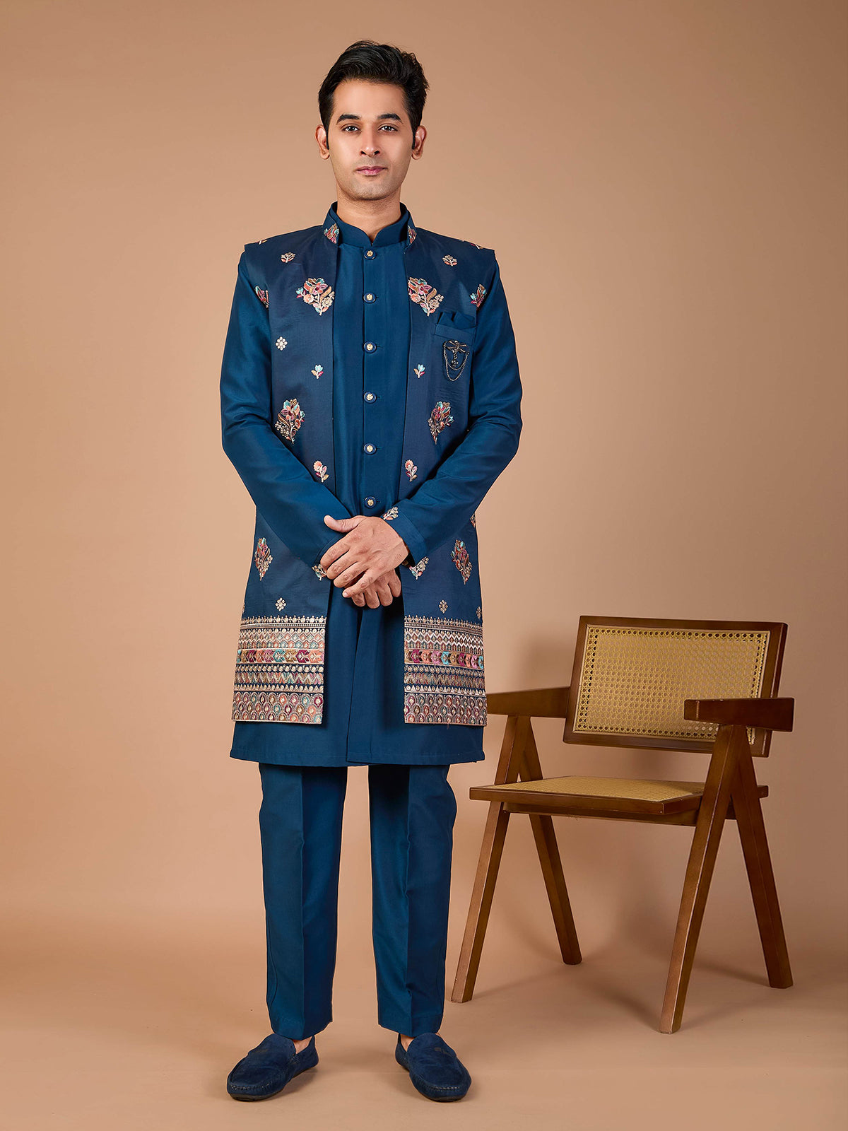 Rama blue silk embroidered indowestern set with brooch