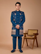 Rama blue silk embroidered indowestern set with brooch