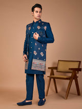 Rama blue silk embroidered indowestern set with brooch