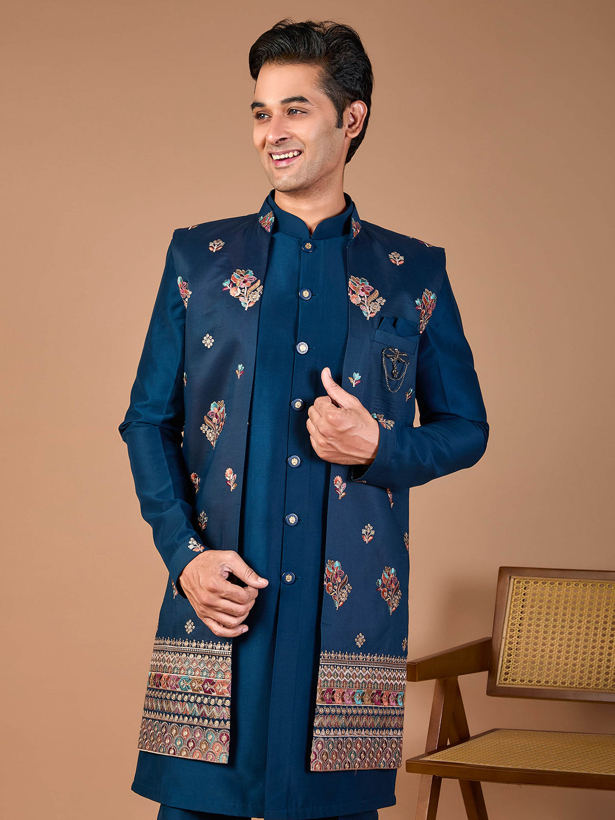 Rama blue silk embroidered indowestern set with brooch