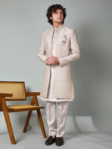 Beige satin silk thread and resham work indowestern set