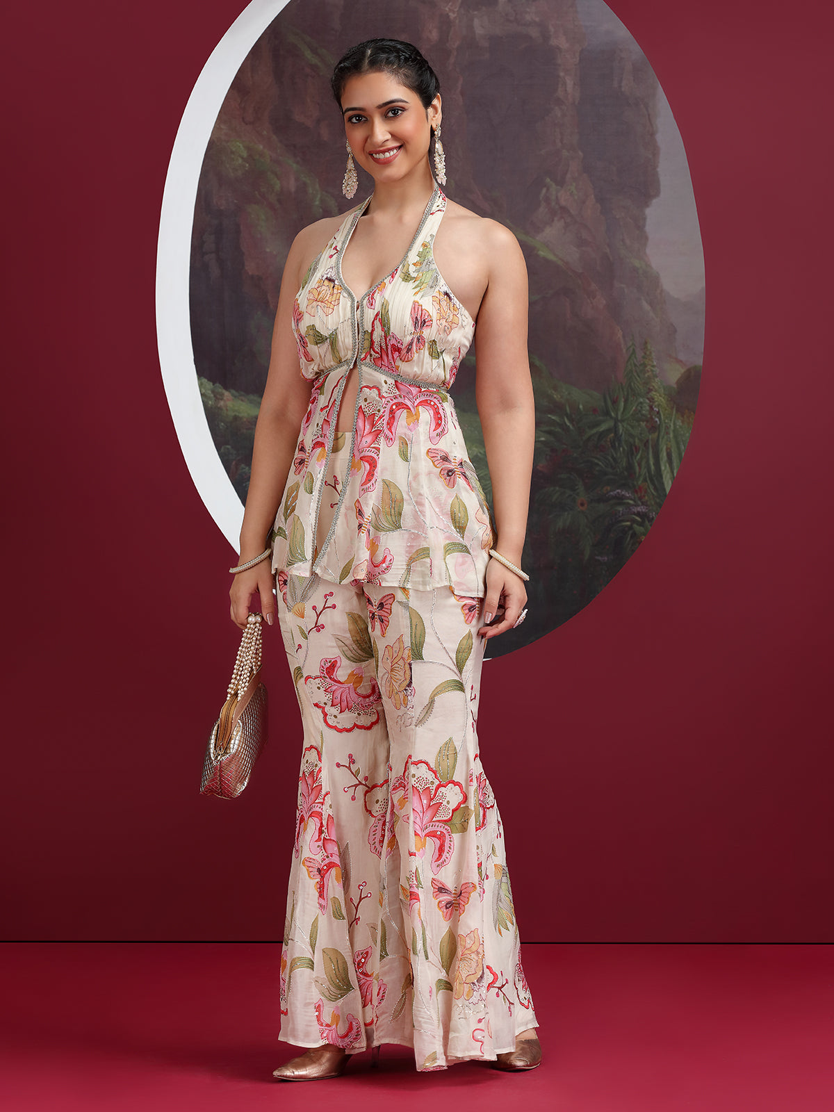 Cream printed designer palazzo suit