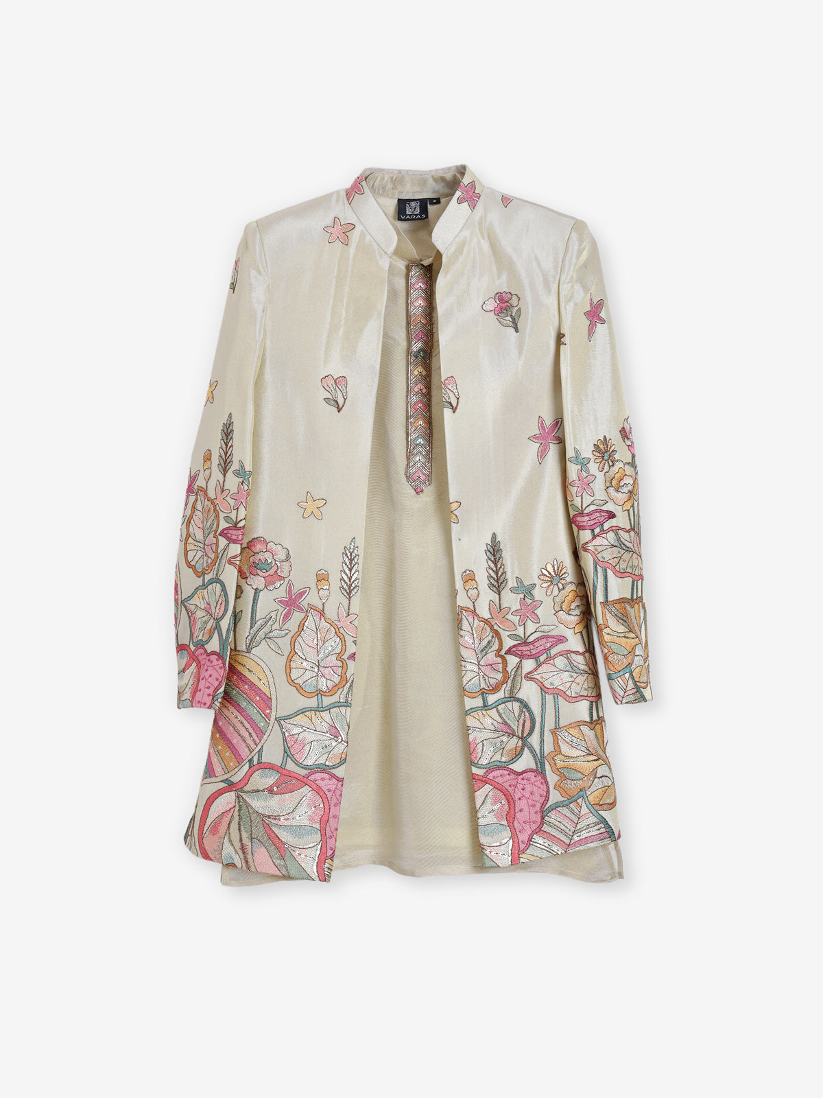 Cream silk embroidered indowestern for wedding wear