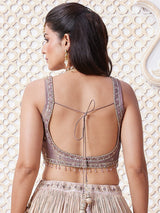 Beige and purple shaded zari work lehenga choli