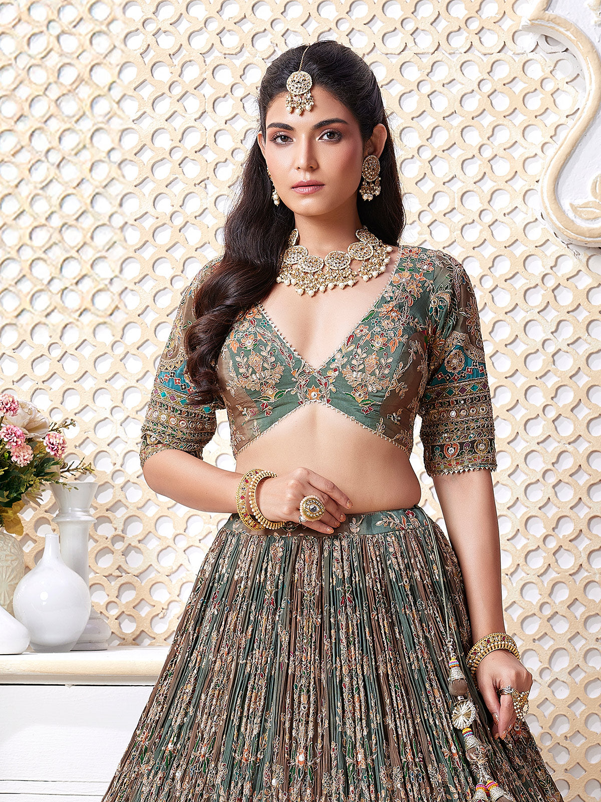Multicolor printed v neck lehenga choli