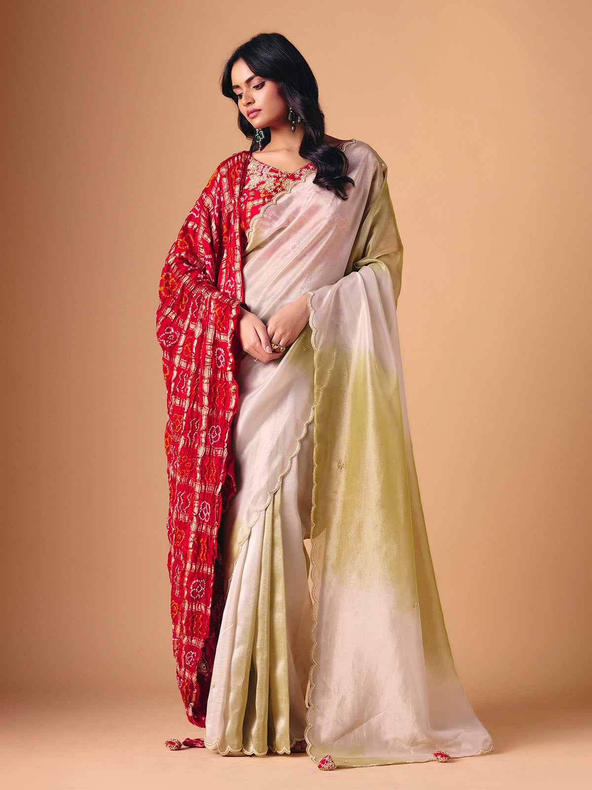 Olive shaded tissue silk saree with dupatta