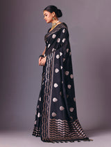 Black semi silk zari butti work saree