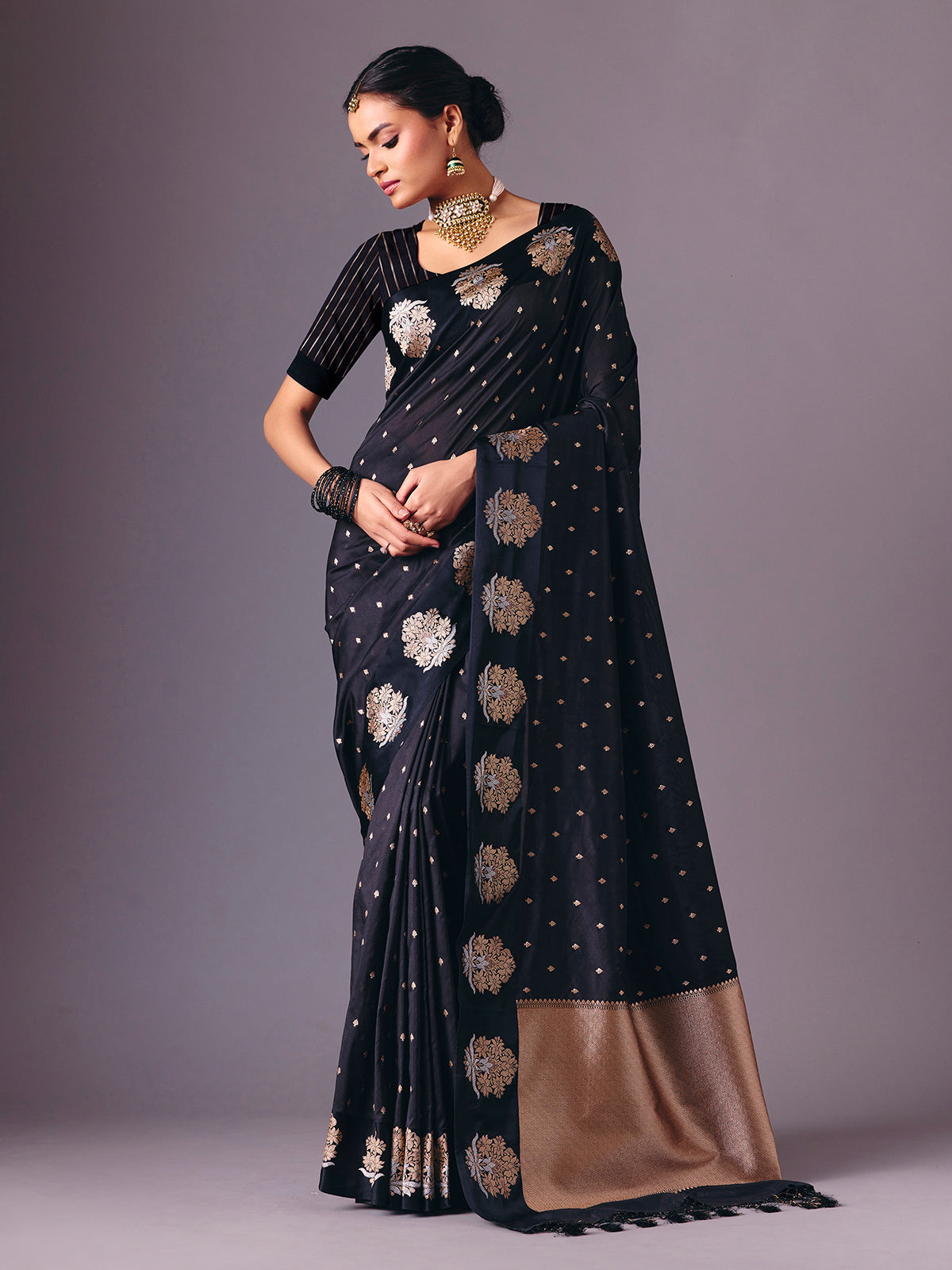 Black zari butti semi silk saree