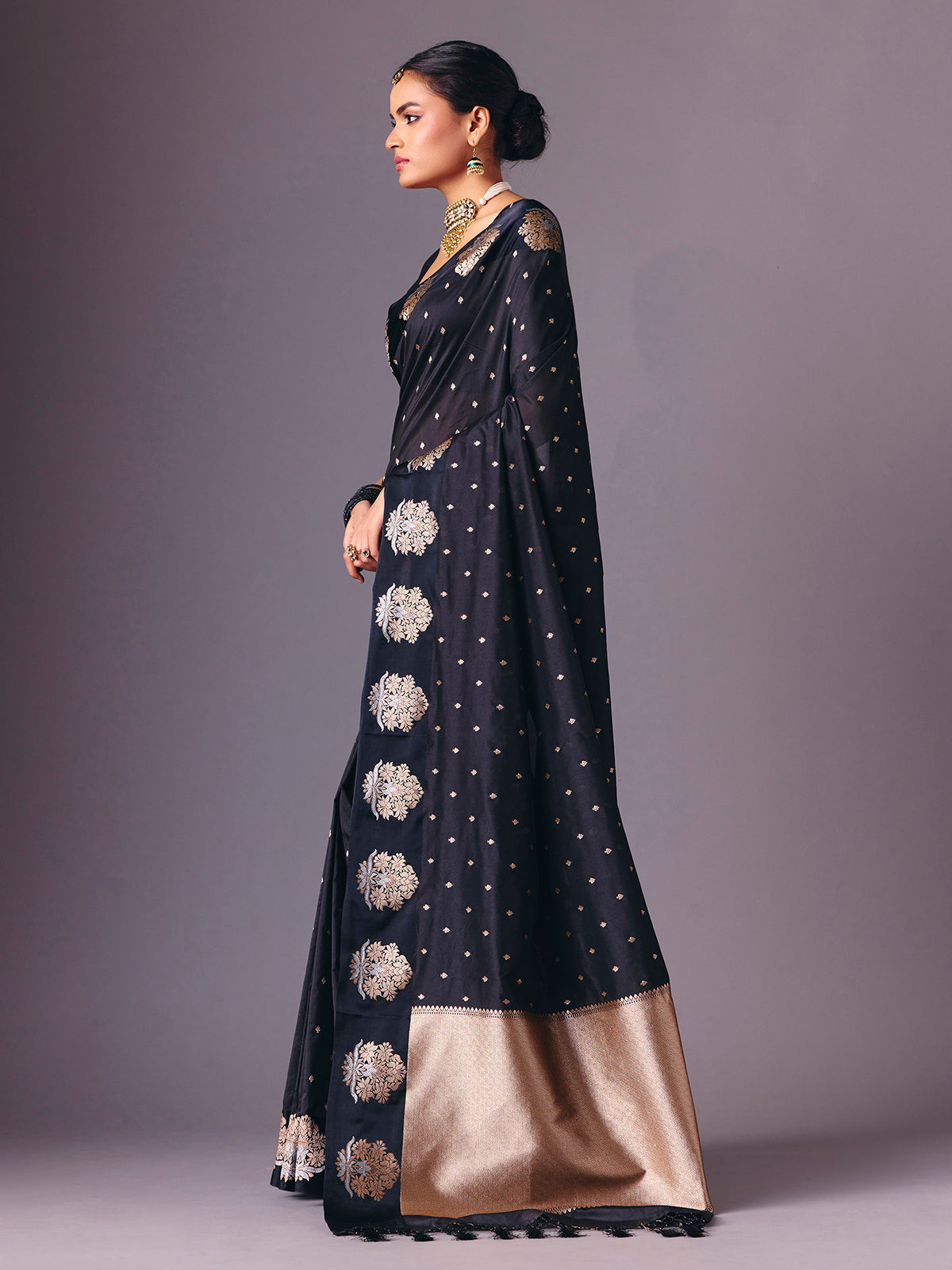 Black zari butti semi silk saree