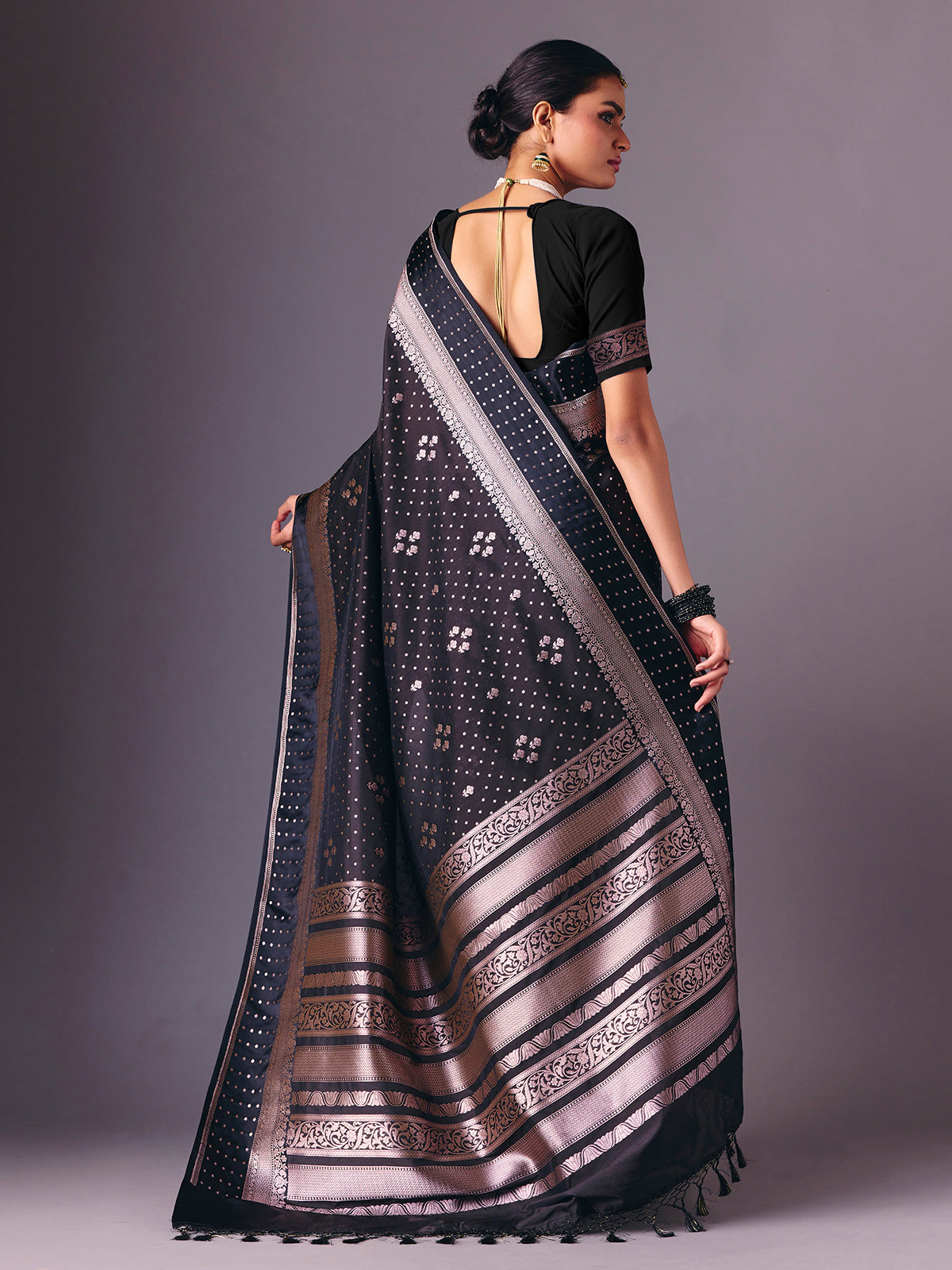 Black semi silk zari work saree