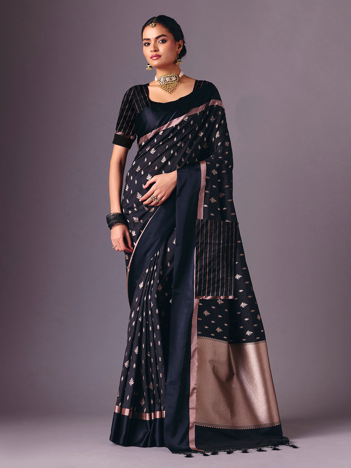 Black semi silk zari work party wear saree