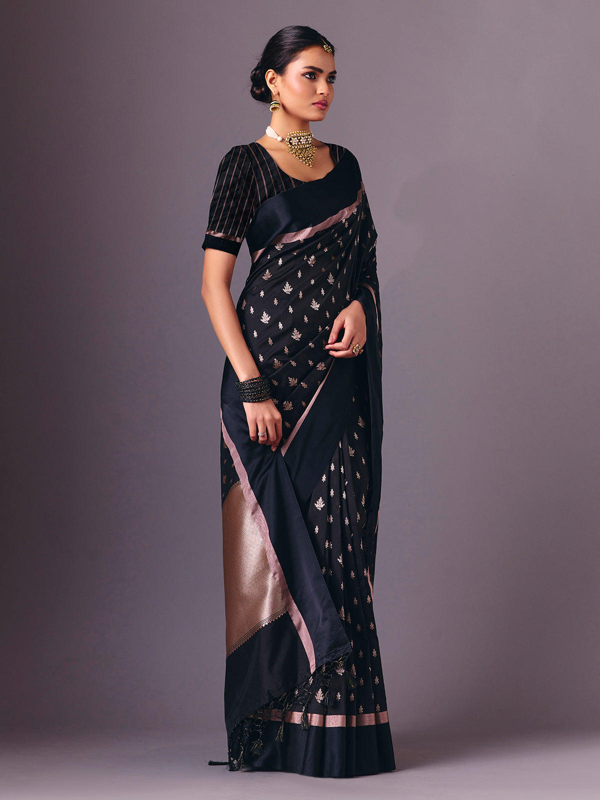 Black semi silk zari work party wear saree