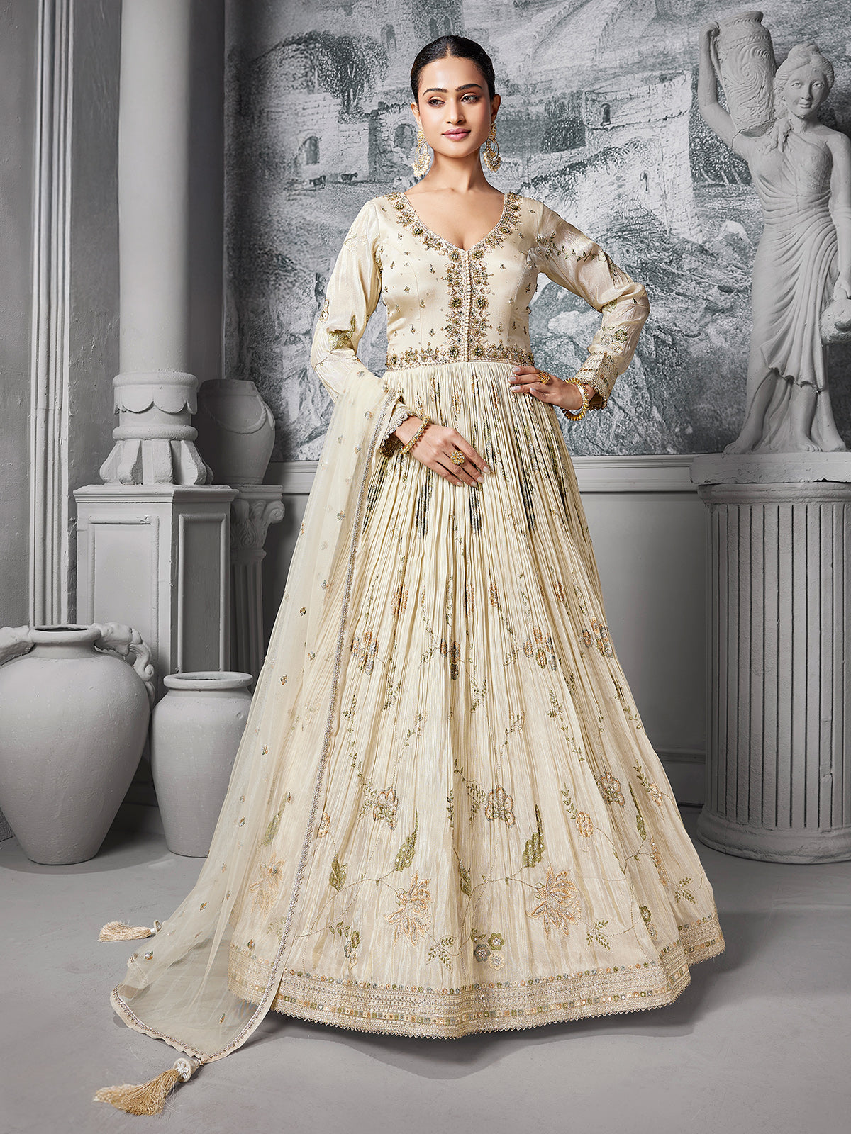 Cream embellished anarkali silk suit