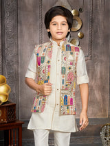 Cream viscose silk boys zari embroidered waistcoat set