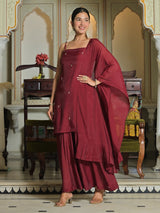 Brown silk kurti set in square neck
