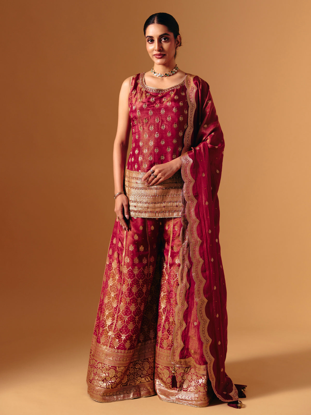 Maroon silk zari work palazzo suit