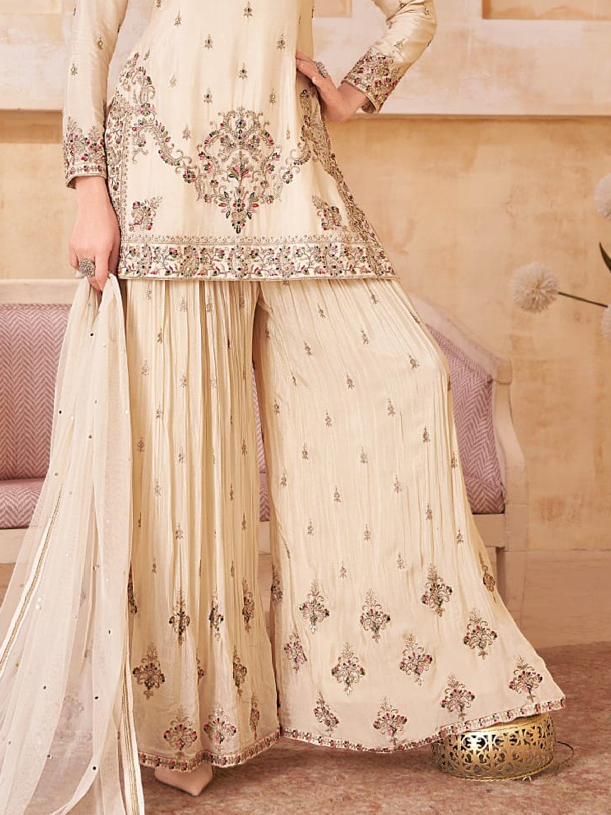Cream silk embroidered palazzo suit