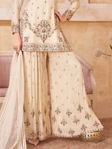 Cream silk embroidered palazzo suit