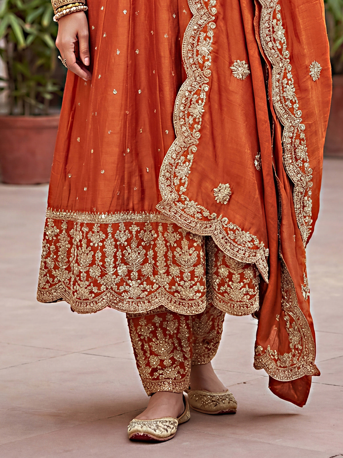 Orange pakistani anarkali style silk salwar suit
