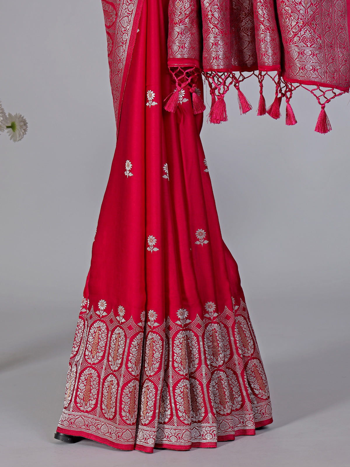 Magenta zari butti work satin silk saree