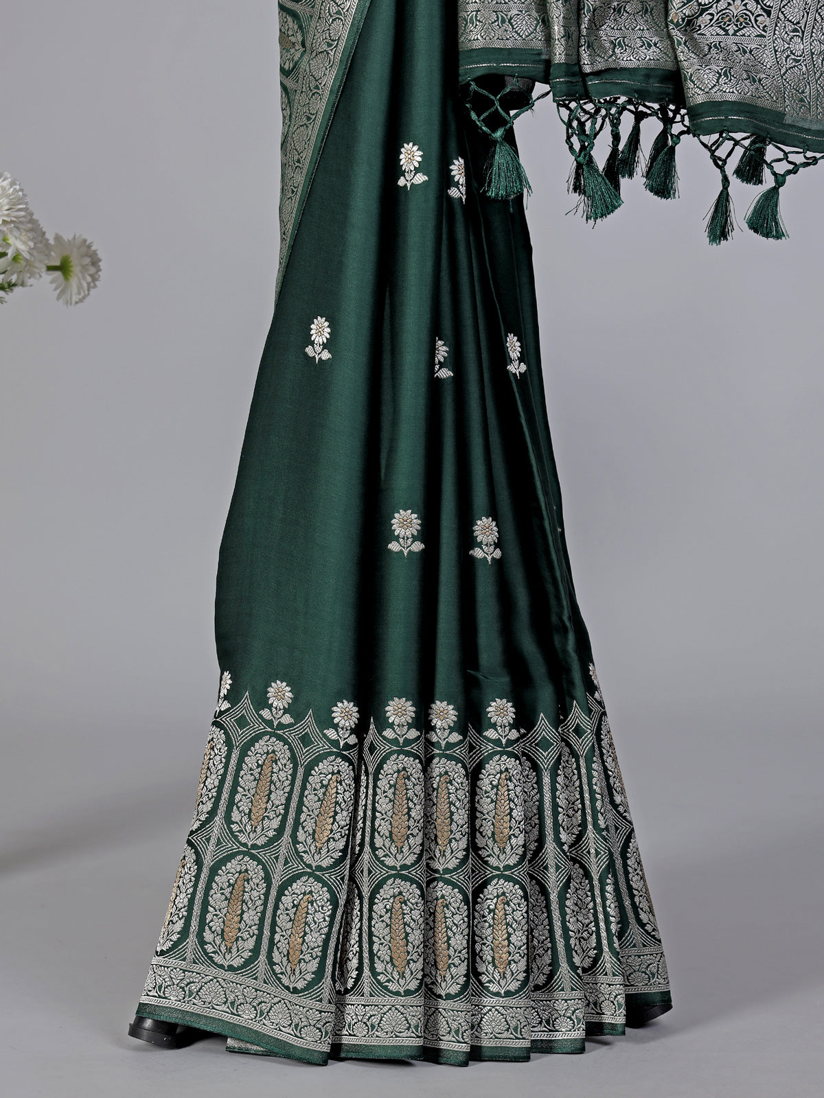 Bottle green zari butti satin silk saree