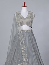 Grey satin silk embroidered lehenga choli