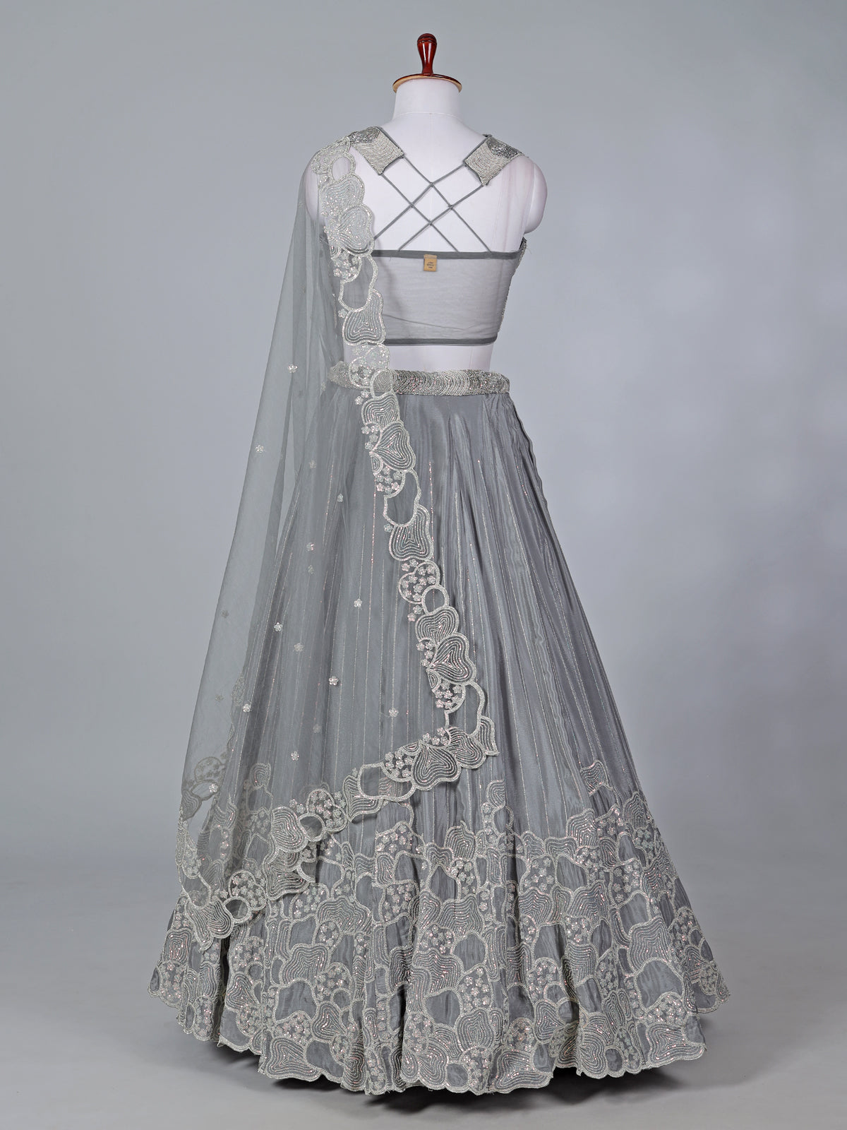 Grey satin silk embroidered lehenga choli