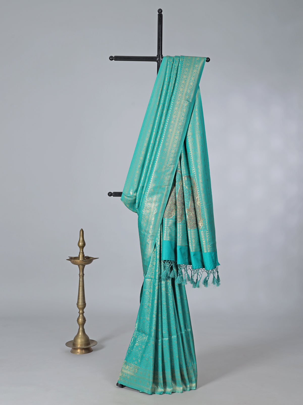 Aqua blue zari worked saree in semi silk