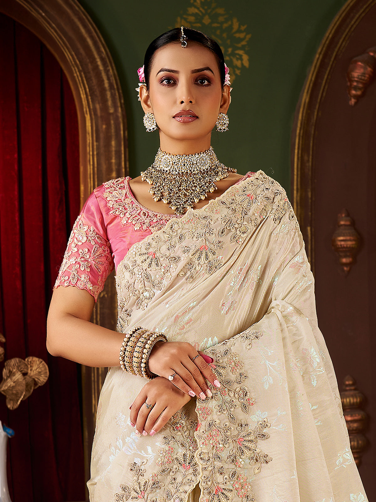 Cream soft silk stone work saree