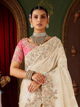 Cream soft silk stone work saree