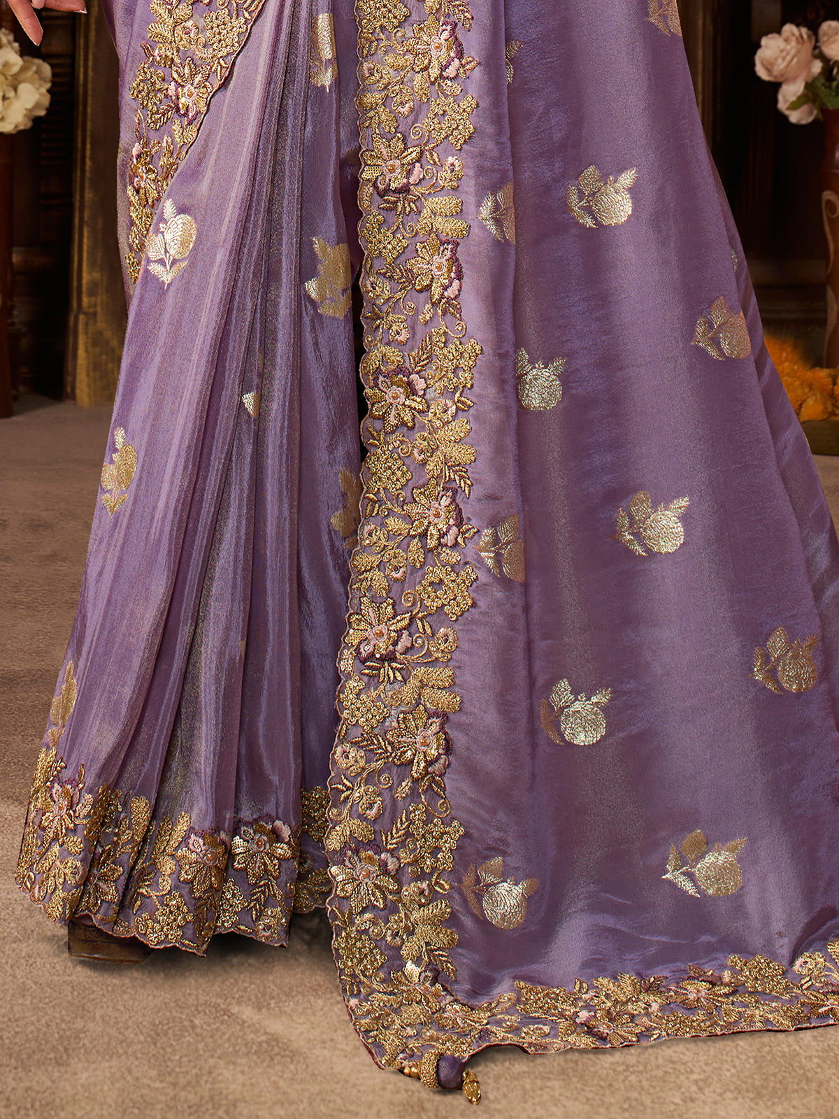 Light purple soft silk zari and embroidered work saree
