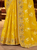 Mustard yellow soft silk festive wear saree