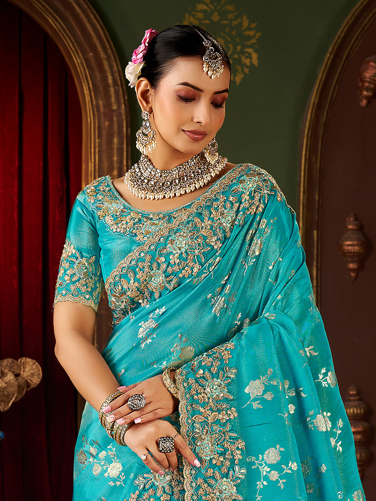 Aqua blue soft silk zardosi work saree