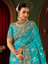 Aqua blue soft silk zardosi work saree