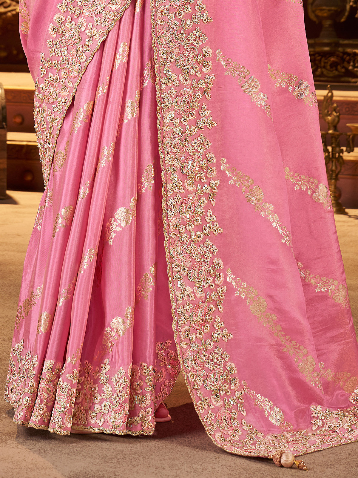 Light pink soft silk embroidered work saree