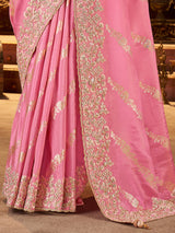 Light pink soft silk embroidered work saree