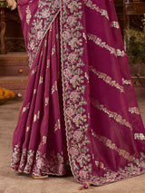 Wine soft silk zardosi and embroidered work saree