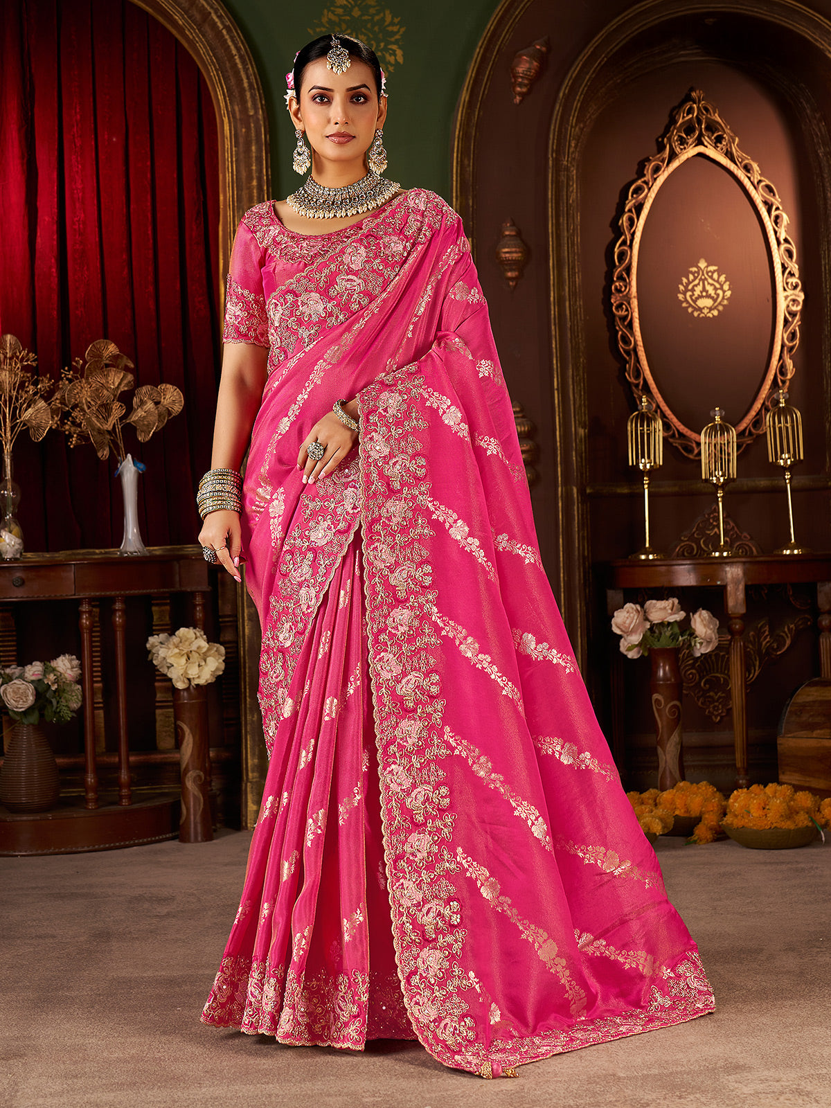 Pink soft silk zardosi work festive wear saree