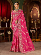 Pink soft silk zardosi work festive wear saree