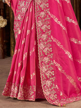 Pink soft silk zardosi work festive wear saree