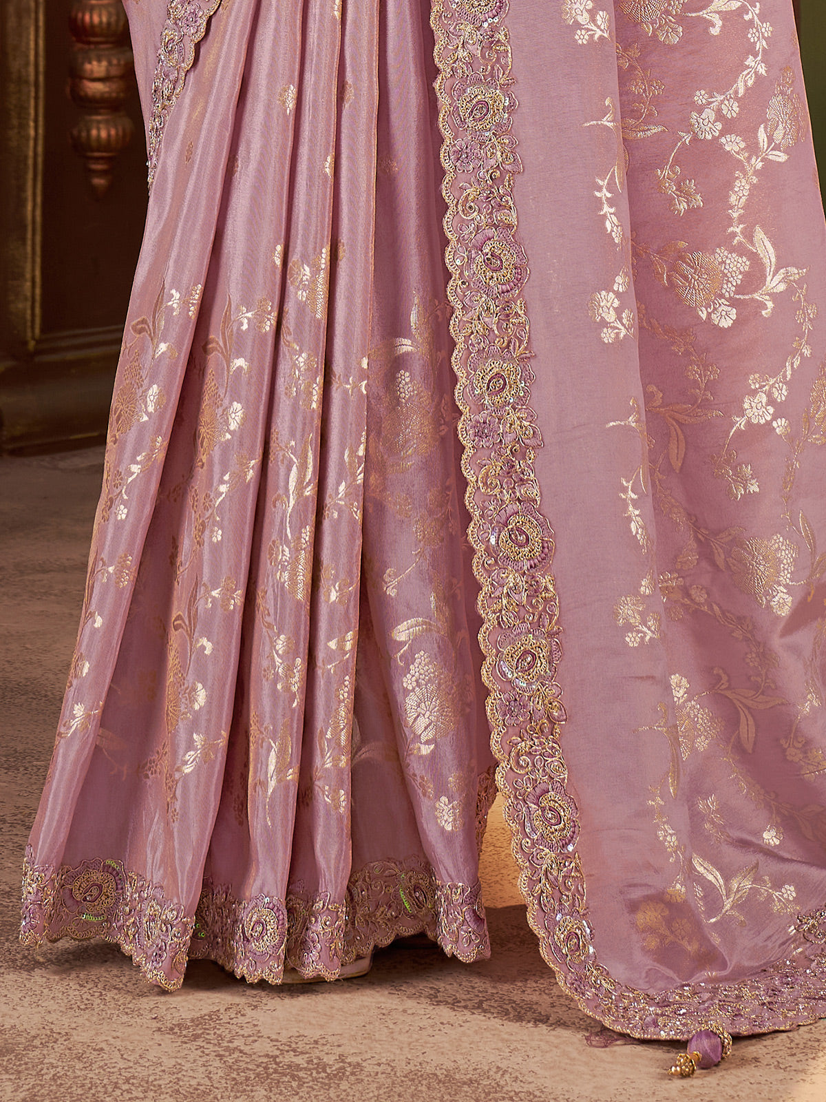 Lilac purple soft silk zardosi work saree