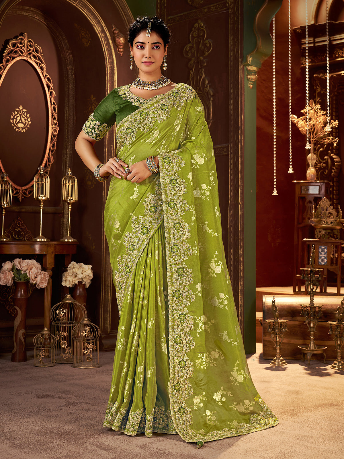 Mehendi green soft silk festive work saree