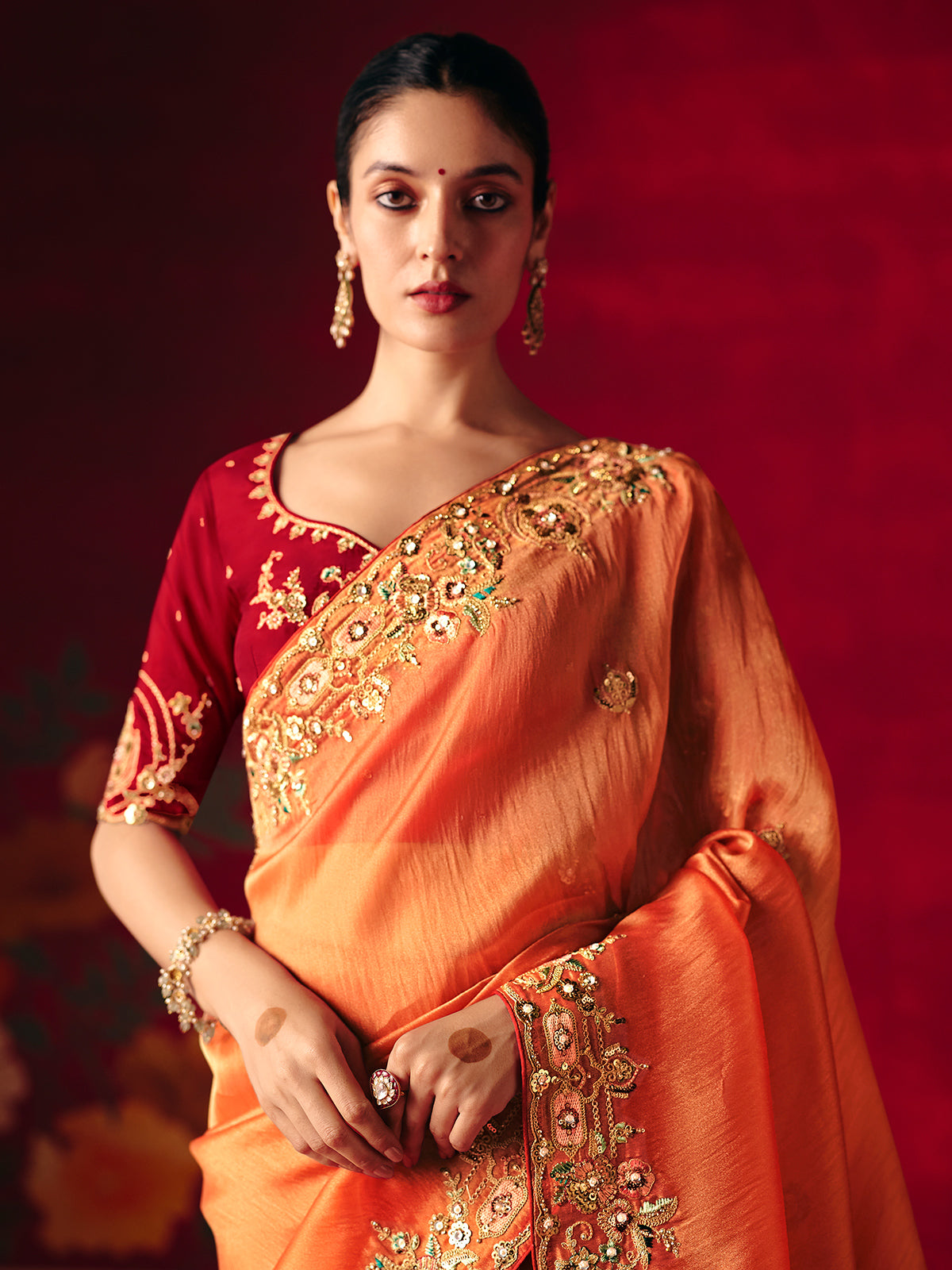 Orange tissue organza embroidered festive saree