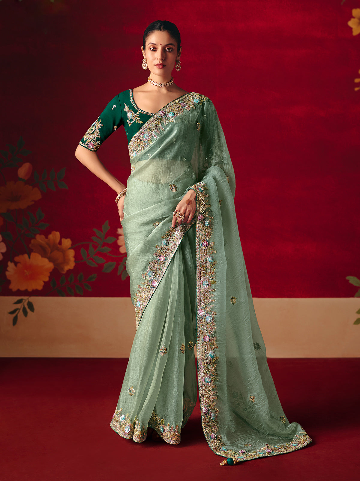 Sage green tissue organza embroidered saree