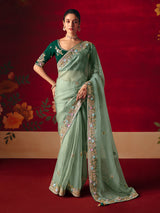 Sage green tissue organza embroidered saree