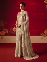 Beige tissue organza embroidered wedding saree