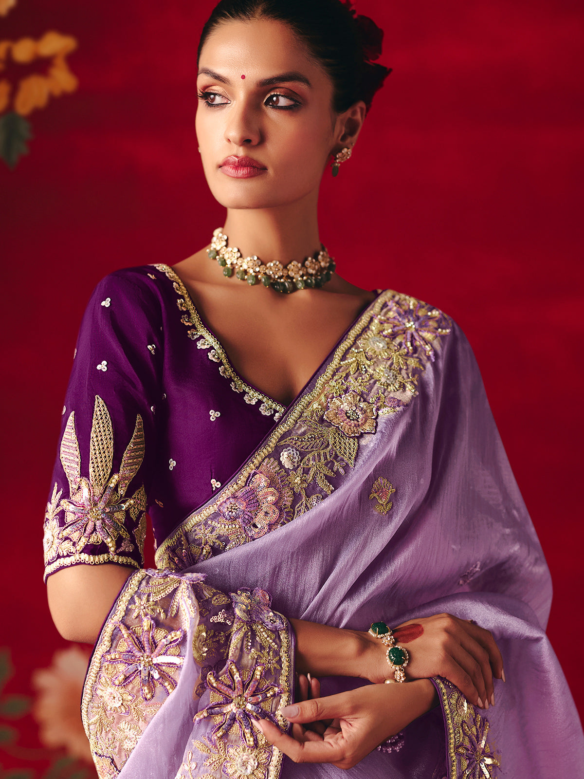 Lavender purple tissue organza embroidered work saree