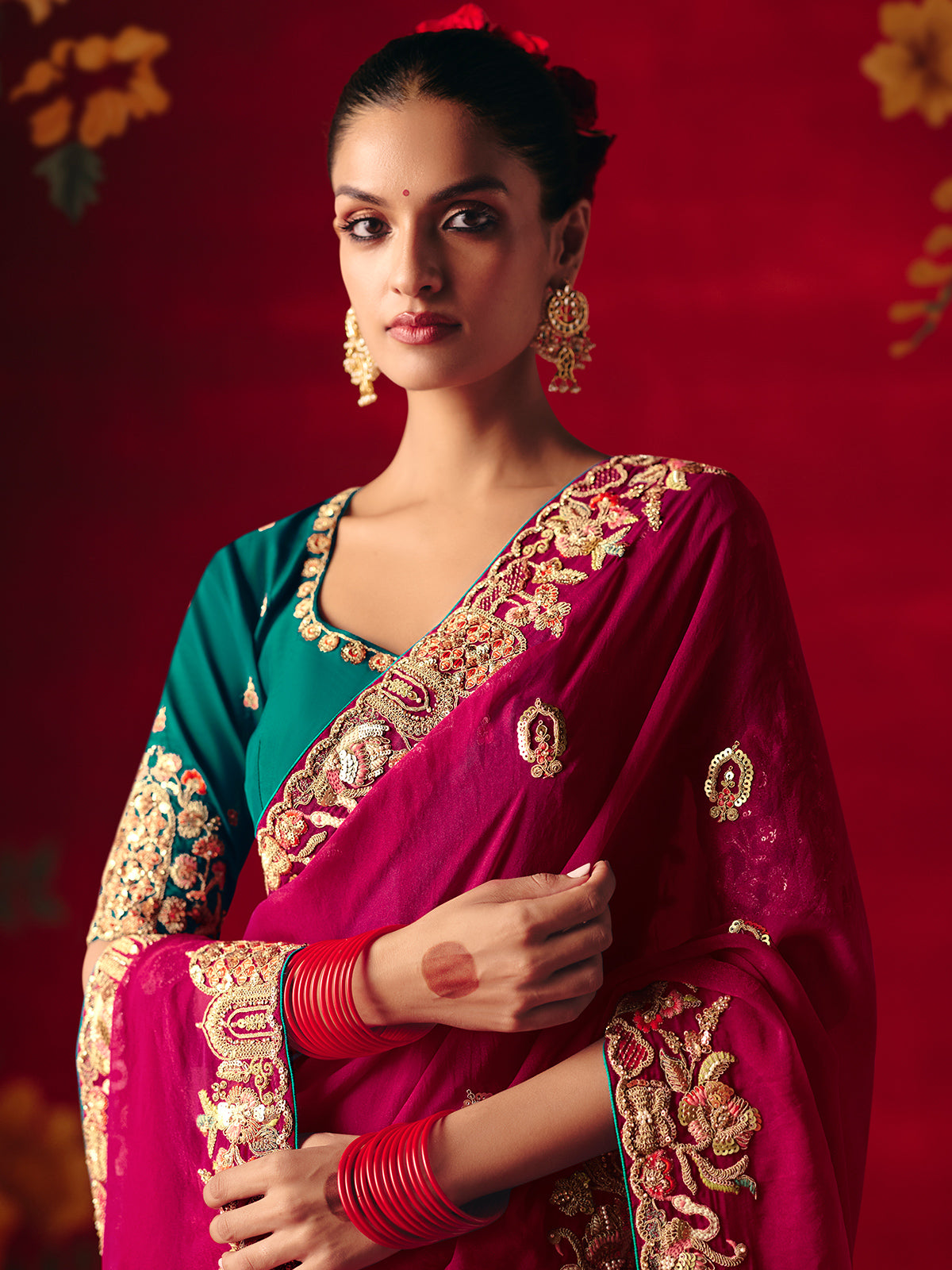 Deep magenta tissue organza wedding wear saree