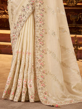 Cream soft silk embroidered saree for contrast blouse